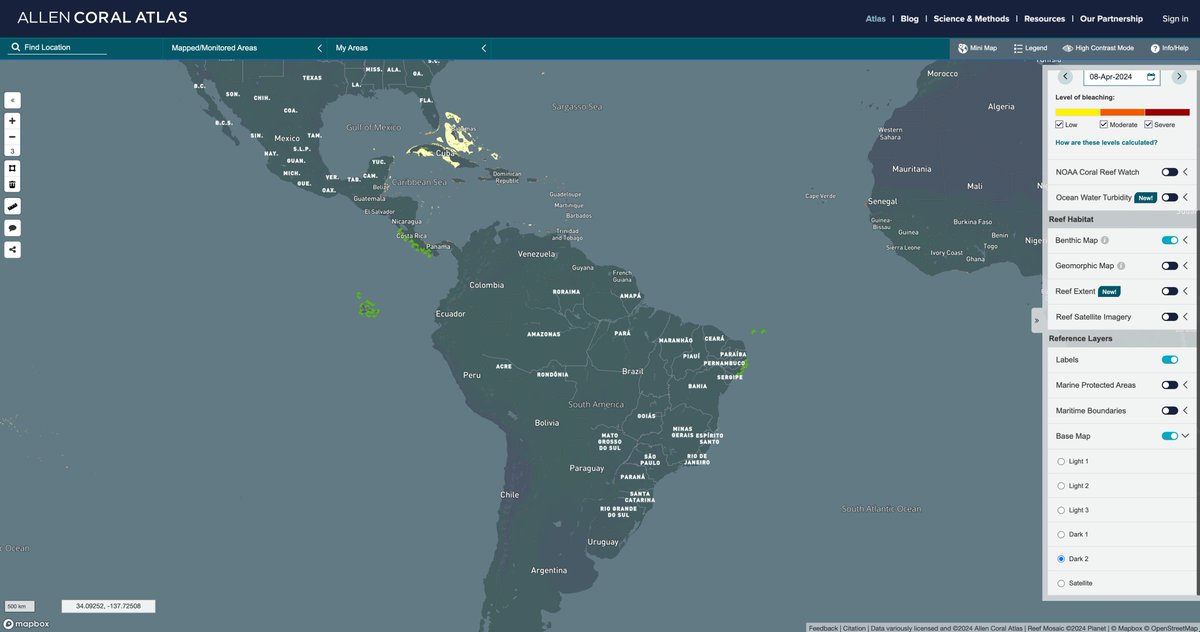 We @AllenCoralAtlas are monitoring coral bleaching from space. The maps here show, in green outlines, where we detect bleaching. These maps are changing fast with each update. Log in and zoom in these green outlines to see the details at 10 m resolution.