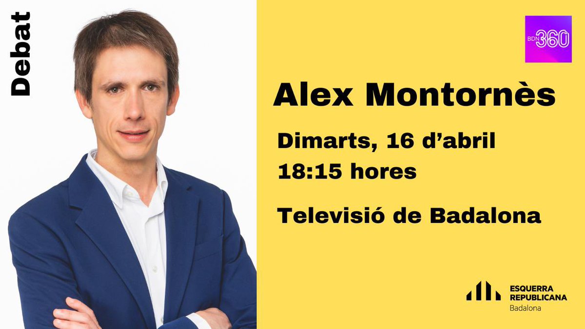 📺 Dimarts, a partir de les 18:15 h, l'@alex_montornes, president del grup municipal d'Esquerra Republicana, participarà al debat de grups de @BadalonaTres60. ❗️Pots seguir-lo en directe a la Televisió de Badalona.
