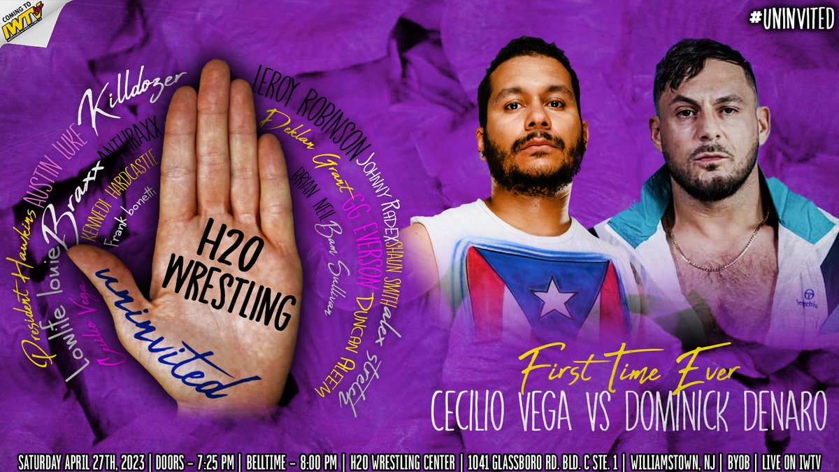 UPDATE: Rocket out Cecilio Vega in & will now take on Dominic Denaro 'UNinVITED' Sat, April 27th LIVE on @indiewrestling 8pm All Tix: $25 11 Front Row tix left DM/Email: Tremont2k11@gmail.com H2O Wrestling Center Williamstown,NJ Doors: 7:25pm fb.me/e/4YlH2C7NR