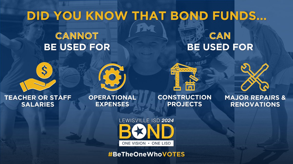 Bond funds can 𝙤𝙣𝙡𝙮 be used to support major facilities repair and renovation, and construction projects. #BeTheOneWhoVOTEs #OneLISD