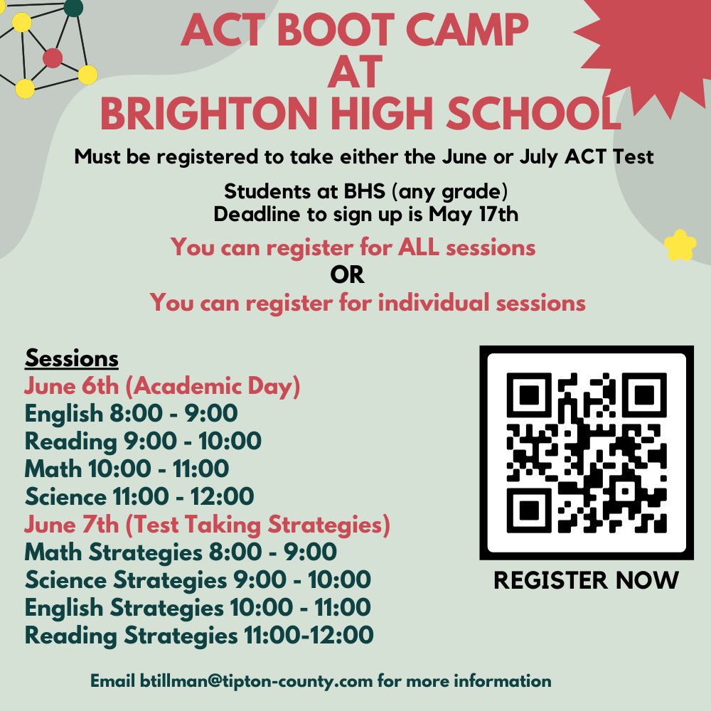 Taking the ACT this summer? Need help with content or testing strategies? Sign up for free ACT boot camp! You can come for one session or all 8–one day or both! And it’s FREE but you do have to sign up by May 17! #allcardinalsalways #bestyearever