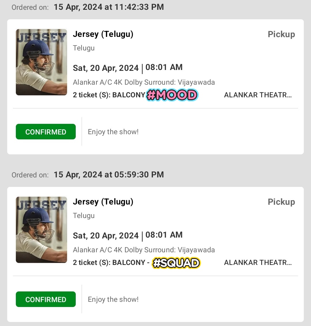 #JerseySpecialShows Booked 😍🤩
This will be my COUNT 4 in Theatre 🥰
The film won 2 National Awards ❤️

#Nani #Jersey #Anirudh #GowthamTinnanuri