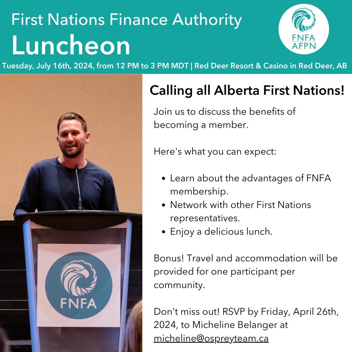 DEADLINE EXTENDED📢 Calling all Alberta First Nations! Join us on July 16th at Red Deer Resort & Casino from 12-3 pm to learn about the numerous benefits of FNFA membership. RSVP now! #FNFA #FirstNationsFinance #Alberta #AB #FirstNations #events