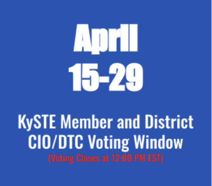 KySTE Elections are underway! MEMBERS, look for an email from KySTE VP to learn about our nominees and cast your vote for the positions up for election. Note: Votes are anonymous and can only be cast from the email account that received the ballot.