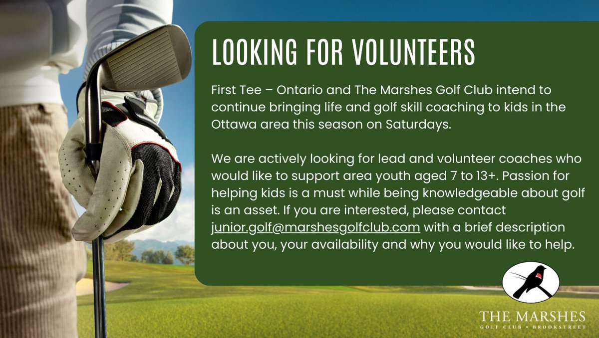 Marshes Golf Club (@marshesgolfclub) on Twitter photo LOOKING FOR VOLUNTEERS: First Tee – Ontario and The Marshes Golf Club intend to continue bringing life and golf skill coaching to kids in the Ottawa area this season on Saturdays!
If you are interested, please contact junior.golf@marshesgolfclub.com LOOKING FOR VOLUNTEERS: First Tee – Ontario and The Marshes Golf Club intend to continue bringing life and golf skill coaching to kids in the Ottawa area this season on Saturdays!
If you are interested, please contact junior.golf@marshesgolfclub.com