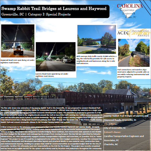 theACECSC's tweet photo. We're recognizing all innovative &amp; complex projects awarded at the 2024 #ACECSC #EEA awards! Congrats to Carolina TEA for being a National Finalist &amp; winning the Small Firm Award for their “Swamp Rabbit Trail Bridge at Laurens and Haywood,” project for the City of Greenville, SC. https://t.co/5YBAPx7OJV