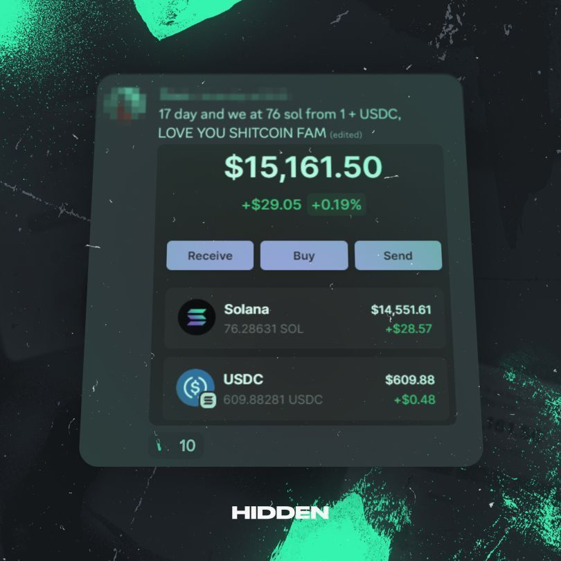 We're giving away: 2x $100 &amp; 3x Hidden Trading Monthly Trials to 5 winners 🔥. Members inside Hidden Trading have made life-changing money, the last month saw member gains of:

1 $SOL > $72,000+ 
$500 > $70,000+ 
$100,000+ Portfolio Hit  

To Enter:  
Like &amp; RT this Tweet