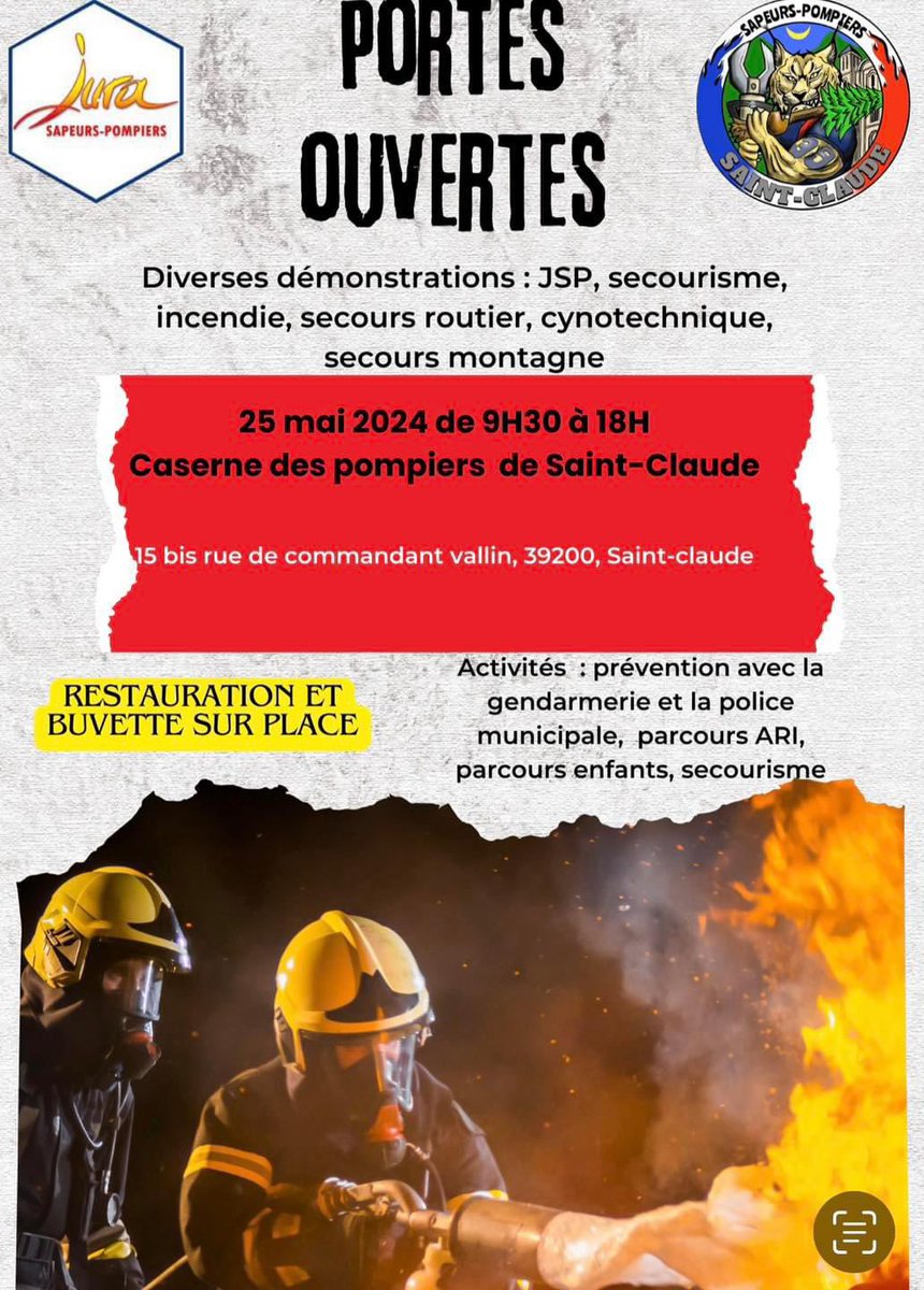 #PortesOuvertes 🚒☀️ | rendez-vous à Saint-Claude fin mai 2024 👍🏻 @CyrilFournier39 @PompiersFR @guyon_j @Rondot_Raphael @ThomasP70091102 @RICHARD_Sy25 @SDIS39 @Prefet39 @Piquet804 @FredTisserant @TissotJulien39 @HalgrainAntoine @ClmentComte1