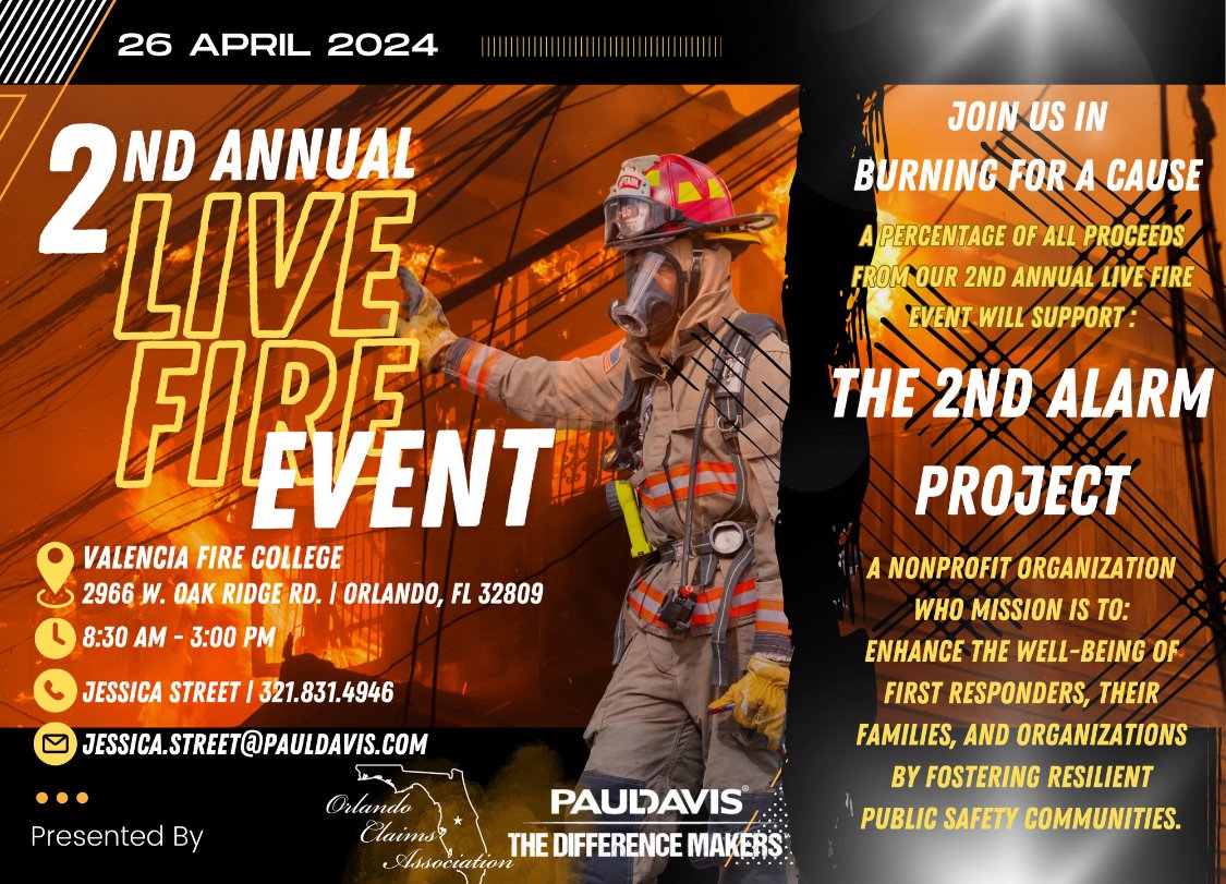 PaulDavisSC's tweet photo. This year, we are burning for a cause, not for applause! Join Paul Davis Restoration of Orlando as we participate in this stellar opportunity to support the mental health of our First Responders through The 2nd Alarm Project
https://t.co/Rgs3VgQmhv #LiveBurn #DifferenceMakers https://t.co/lv8lCq2Plp