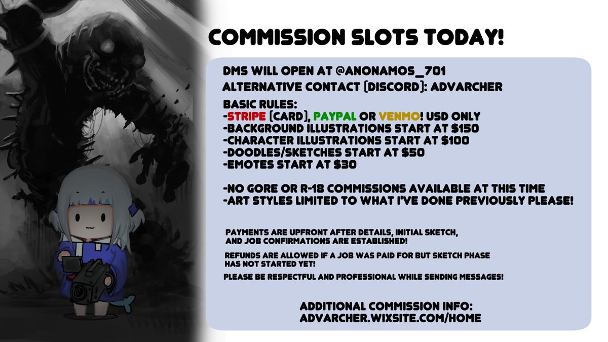 RT's Appreciated! 💙 Open today, taking 3 comm slots, DMs will be open til all 3 slots are taken! In the event you are unable to DM me directly on twitter or unable to use Discord, please leave a comment and i'll manually reach out!