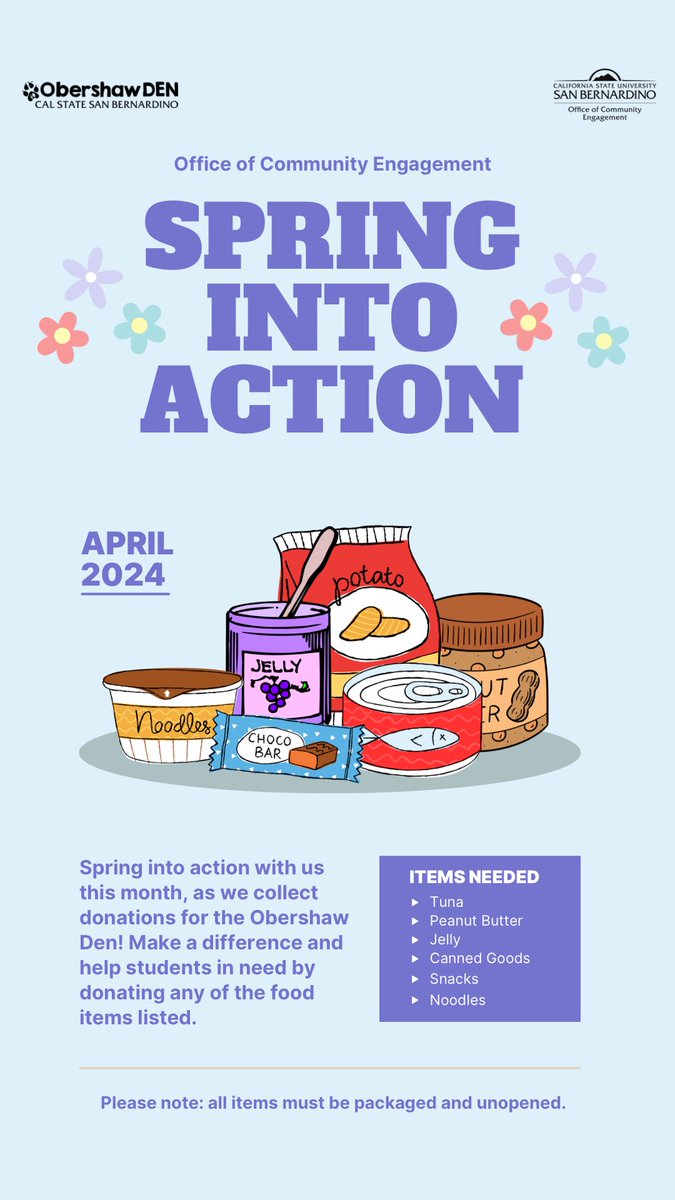 EngageCSUSB's tweet photo. It’s time to spring into action! Visit any of our drop-off locations to donate. https://t.co/6PGFdm3PkE