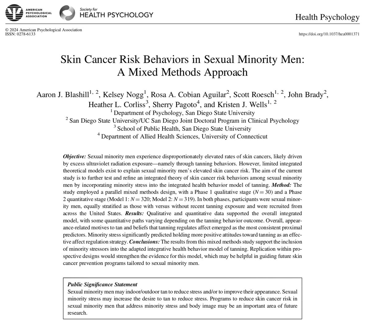 Skin cancer risk in sexual minority men, now online at Health Psychology @APADivision38: psycnet.apa.org/record/2024-73…