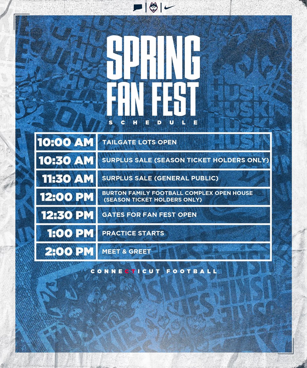 Spring Fan Fest is less than a week away. Claim your FREE tickets now with the links below ⬇️ 🔗: uconnhuski.es/fb-fan-fest Student 🔗: UConnHuskies.com/students #CTFootball