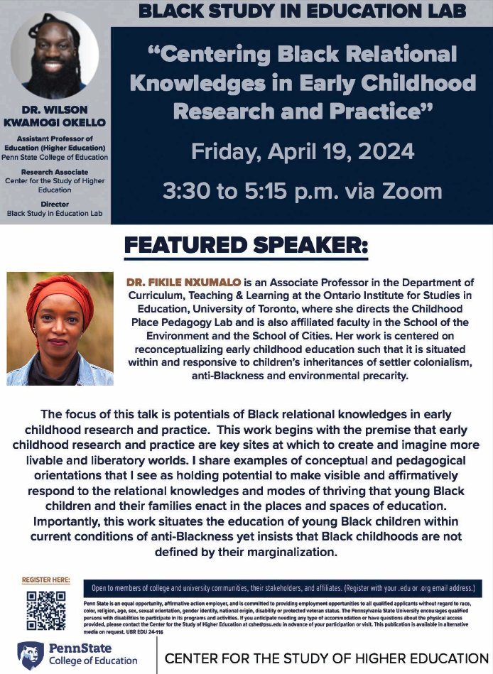 Excited to learn with Dr. @Nxumalo71 this Friday, April 19, for the final webinar of the Black Research Approaches Series. Dr. Janice Byrd will serve as our discussant. The webinar will focus on care, exploring otherwise modes of accompaniment amidst anti-Black conditions.