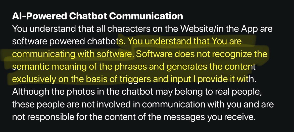 I’m testing AI chatbot apps for a story and it’s funny that their privacy policies now force you to acknowledge you’re talking to a computer that does not understand you