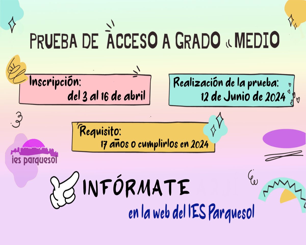 👁️‍🗨️Pruebas de Acceso a Grado Medio. Sede de realización IES Parquesol. 12 de Junio. Accede a la información a través de la página web del centro: iesparquesol.centros.educa.jcyl.es 🖍🖍🖍