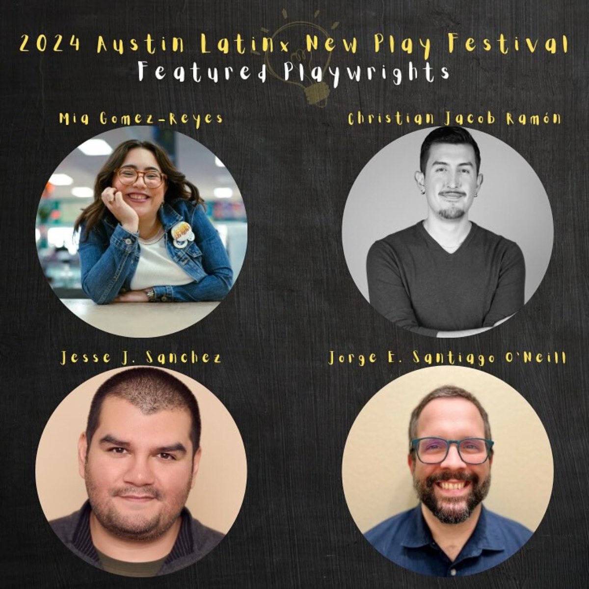 Check out the featured playwrights for the <a href="/teatrovivotx/">Teatro Vivo</a> 2024 Austin #Latinx New Play Festival! Meet Mia Gomez-Reyes, Christian Jacob Ramón, Jesse J. Sanchez Jorge E. Santiago O’Neill. Visit teatrovivo.org for info! #teatrovivo #2024alnpf #theatre #newwork #atxtheatre