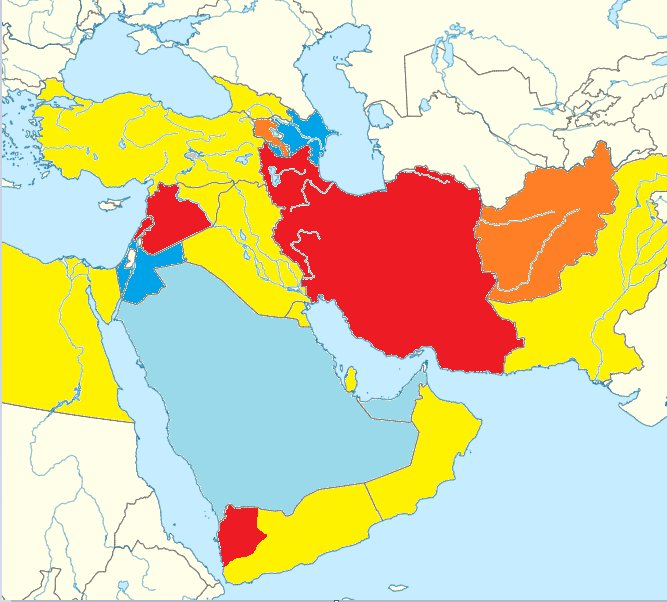 Ortadoğu'da İran-İsrail denkleminde stratejik/taktiksel konumlanma:

Kırmızı: İran ve İran yanlısı
Turuncu: Nispeten İran yanlısı
Sarı: Nötr
Turkuaz: Nispeten İsrail yanlısı
Mavi: İsrail ve müttefikleri/dostu