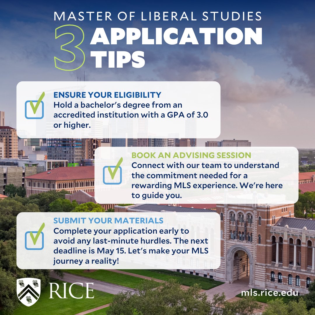 Elevate your academic journey with @RiceUniversity's #MasterofLiberalStudies. 🎓 Only 1 month left until the 5/15 app deadline for Fall 2024. Don't wait – follow these application tips & submit your application to unlock a world of possibilities! bit.ly/3PirIHG