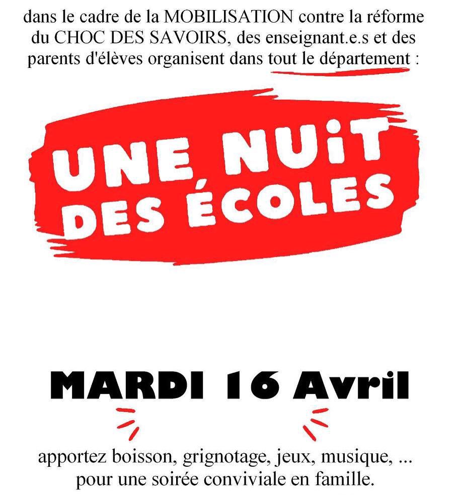 La #NuitdesEcoles c’est demain ! Nous sommes toujours mobilisés contre la réforme Attal du #ChocDesSavoirs : non au tri social à l’école. Rendez-vous dans toutes les écoles du département pour une soirée conviviale en famille. Et vous, vous dormez à l’école demain soir ? 💤