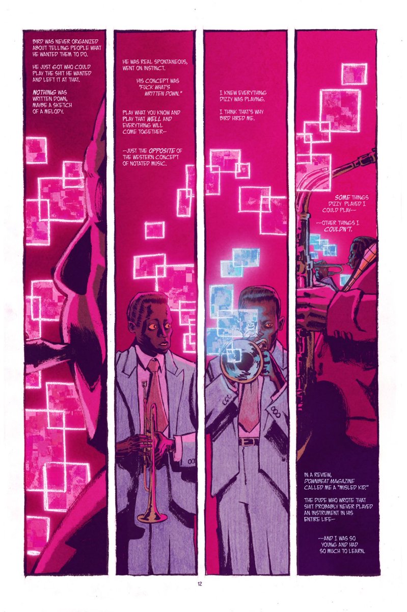 @Mister_Walsh Here are a few pages from the first chapter of my newest GN MILES DAVIS & THE SEARCH FOR THE SOUND. It’s not horror but I def pull a lot of inspiration from the artists you listed and I’d love to branch out!
