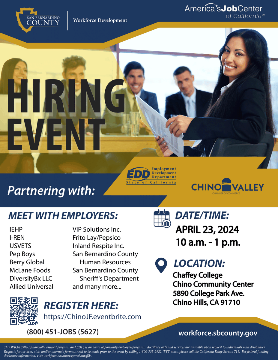 Are you seeking a career change or new opportunities??? Join us for a Hiring Event on April 23rd! 👔🤝 Register Here: chinojf.eventbrite.com #cvcc #chinovalleychamber #hiringevent #workforcedev