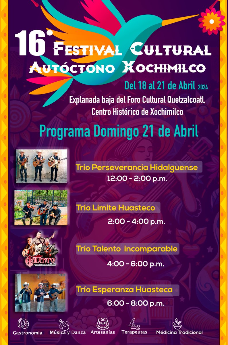 ¡Ven al Festival Cultural Autóctono de #Xochimilco! 🗓️Del 18 al 21 de abril, te esperamos en la explanada baja del Foro Cultural Quetzalcóatl en nuestro centro histórico. Checa el programa completo aquí: