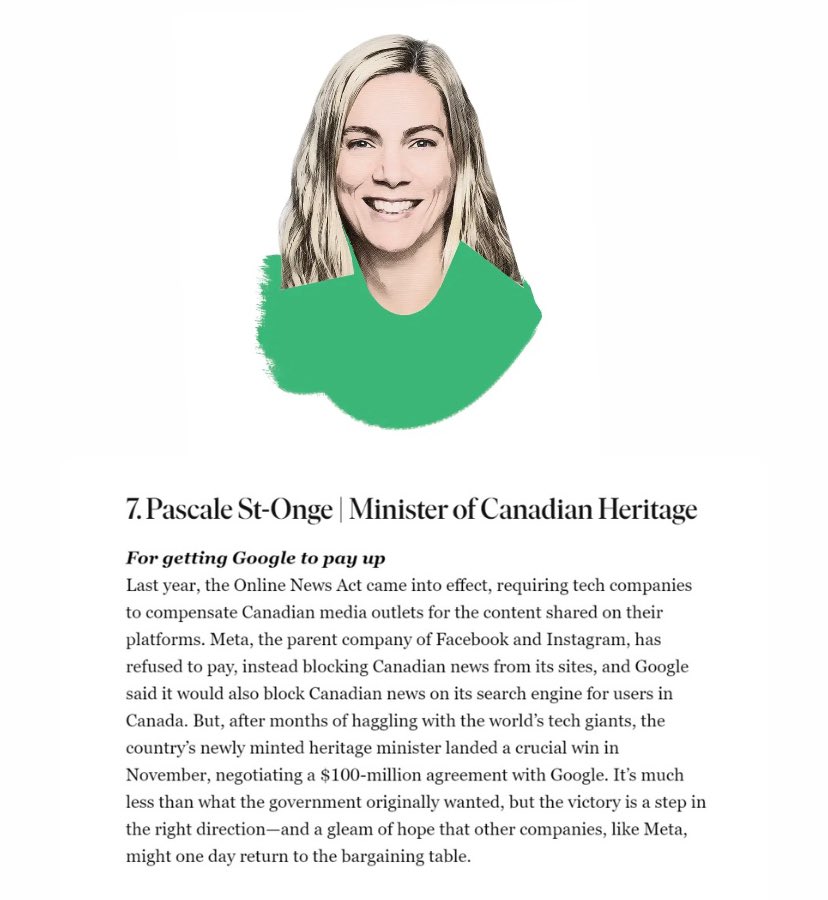 Team Heritage here taking over the Minister’s account to say congrats on making the @Macleans Power List for Tech! 📈 (You didn’t even have to invent an App!)

By getting tech giants to pay their fair share, you stood up for journalism and Canadians. Glad to see it recognized.🏆