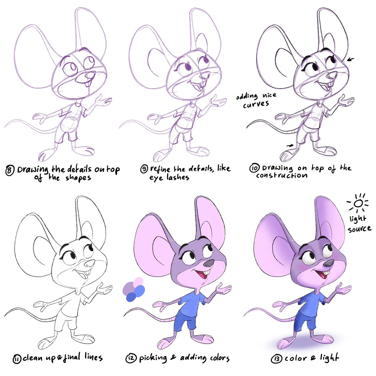 I like to start with a line of action and some simple shapes. 