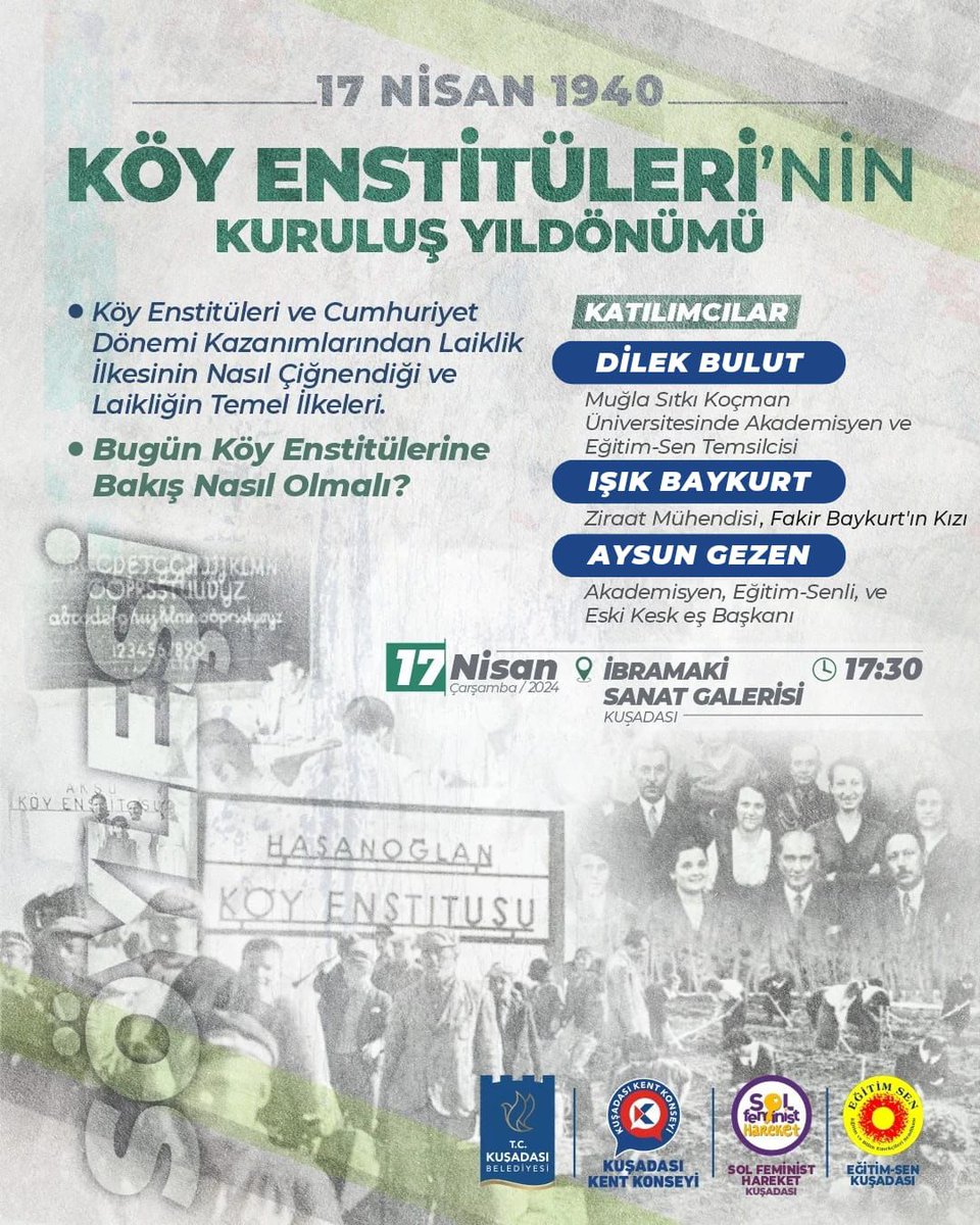 📍Kuşadası Köy Enstitüleri'nin kuruluş yıldönümü söyleşisi için, 17 Nisan'da, İbramaki Sanat Galerisi'nde buluşuyoruz.