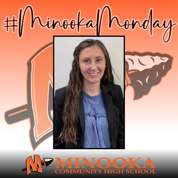 On #MinookaMonday, meet Mrs. Jenna Temple, agriculture teacher and FFA advisor who started in 2023. She received both a bachelor's and master's degrees in animal science from @IllinoisStateU. She lives in Sheridan with her husband where they raise Southdown sheep!