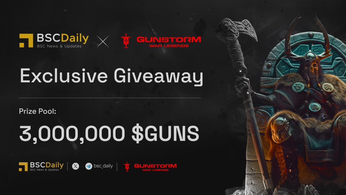 bsc_daily's tweet photo. 📣 EXCLUSIVE #GIVEAWAY EVENT - BSC Daily x Gunstorm

🎁 Prizes: 3,000,000 $GUNS for 100 winners

@Gunstormio - a revolutionary gaming experience centered around the concept of a market within the game #BNBChain 💥

JOIN NOW ⤵️
https://t.co/3sowH58MHn

⌛️Time: 7 days

#Sponsored https://t.co/FeVv5G707u