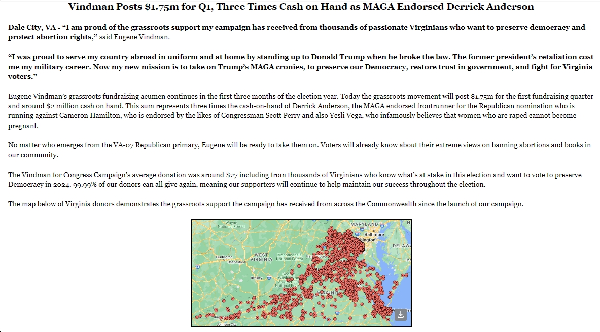 bluevirginia's tweet photo. P.S. Apparently @YVindman - who has ~$2 million cash on hand - already is doing mail and has tv ads for the VA07 Dem primary (which will be on 6/18). Wild. https://t.co/4WSsFjsUeL https://t.co/qg7XqHAlbD