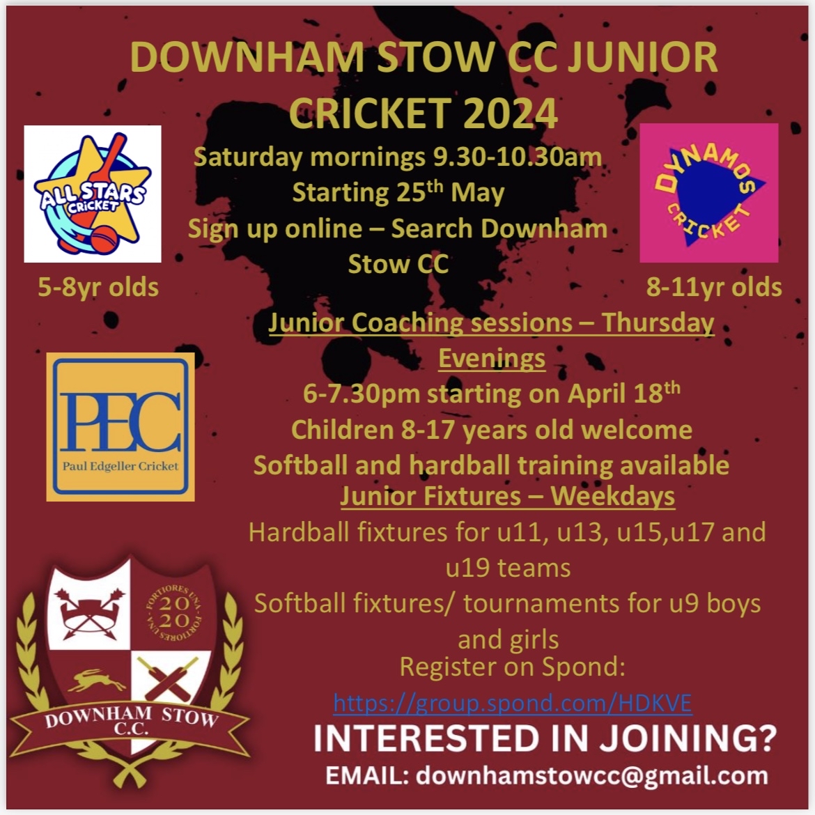 DownhamStowCC's tweet photo. 🏏JUNIOR CRICKET RETURNS🏏

Junior sessions start this Thursday from 6-7.30pm at Stow. Sessions are open for children aged 8-15 yrs old with softball and hardball sessions available.  Our new coach @PECricket127  will be heading sessions along with our highly qualified coaches. https://t.co/YqZMcgcyFH