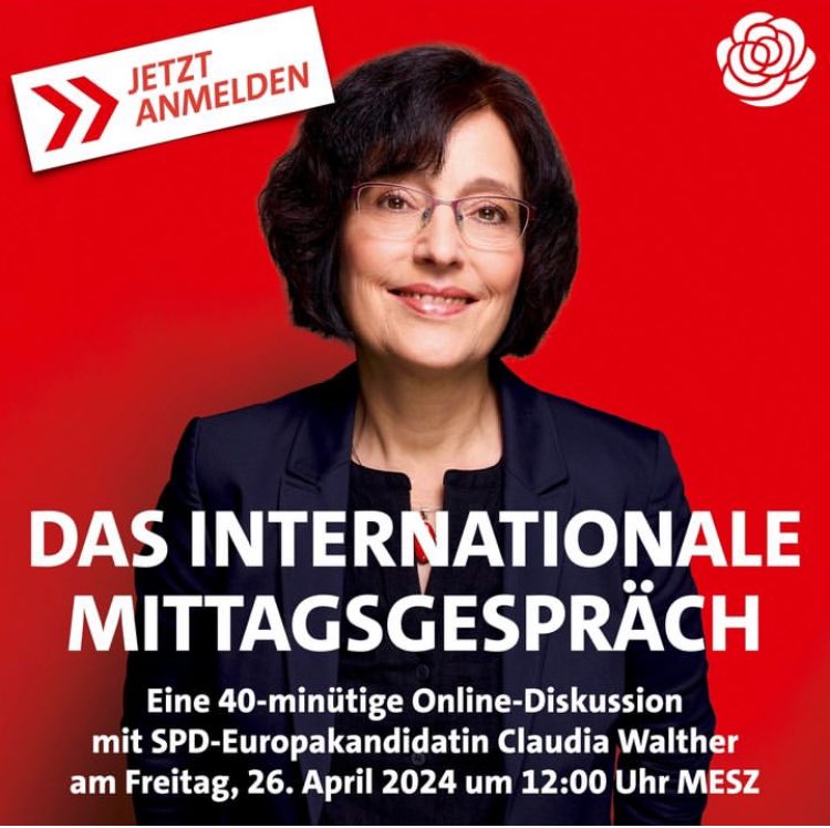 Wir laden zum internationalen Mittagsgespräch ein – 40 Minuten intensive Online-Diskussion mit <a href="/SPDde/">SPD Parteivorstand 🇪🇺</a>-Europakandidatin Claudia Walther am Freitag, 26. April 2024 um 12:00 UHR MESZ zu den Themen #Migration und #Integration. Bitte hier anmelden: t1p.de/rlbsp.