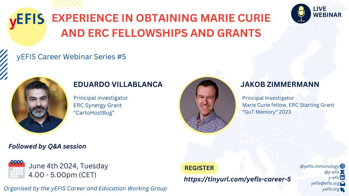 🌟🚀Exciting News from @y_efis Career Join us for an enriching webinar featuring @ejvillablanca & @JZimmermann001 🗓️ Date: June 4th 🕓 Time: 16:00 CET 📍 Location: Online Gain insights on academic success, fellowships, & ERC grants! 🔗 Register Now: tinyurl.com/yefis-career-5