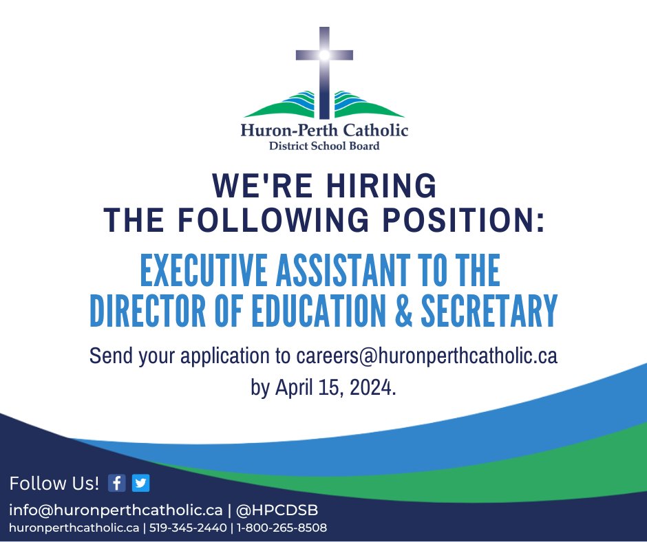 📢We're hiring an Executive Assistant to the DoE! Interested in the position or know someone who may be qualified? Apply by 4 p.m. today, April 15, 2024. Visit our #HPCDSB website to apply: huronperthcatholic.ca/our-board/care…. #NowHiring #JoinOurTeam #JobPosting
