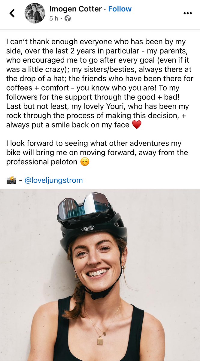 Via FB by @CotterImogen that she has retired from professional cycling. ‘Many training rides have ended with me feeling the beginnings of a panic attack, + I've found myself crying at the side of the road on multiple occasions after close passes’ The very best of luck Imogen 🙏