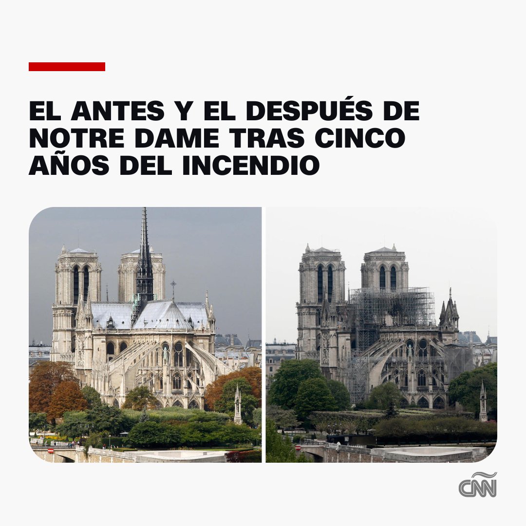 CNNEE's tweet photo. Hace cinco años, en abril de 2019, un incendio destruyó gran parte de la Catedral de Notre Dame, en París, un edificio de 860 años. La fase de restauración comenzó oficialmente en septiembre de 2021.

🔗 : https://t.co/0swGXbvs9N https://t.co/P6Wj6E3lB5