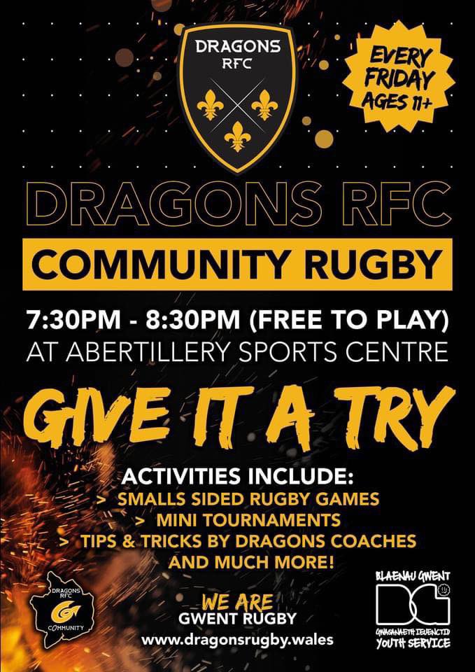 We’re back this Wednesday at Ebbw Vale then Abertillery Friday night working with @BGYouthService on the very popular “Give Rugby A Try” project No need to book on,just turn up and play . Both sessions are 7.30-8.30pm #offthestreet #dragonsfamily #dragonscommunity @dragonsrugby