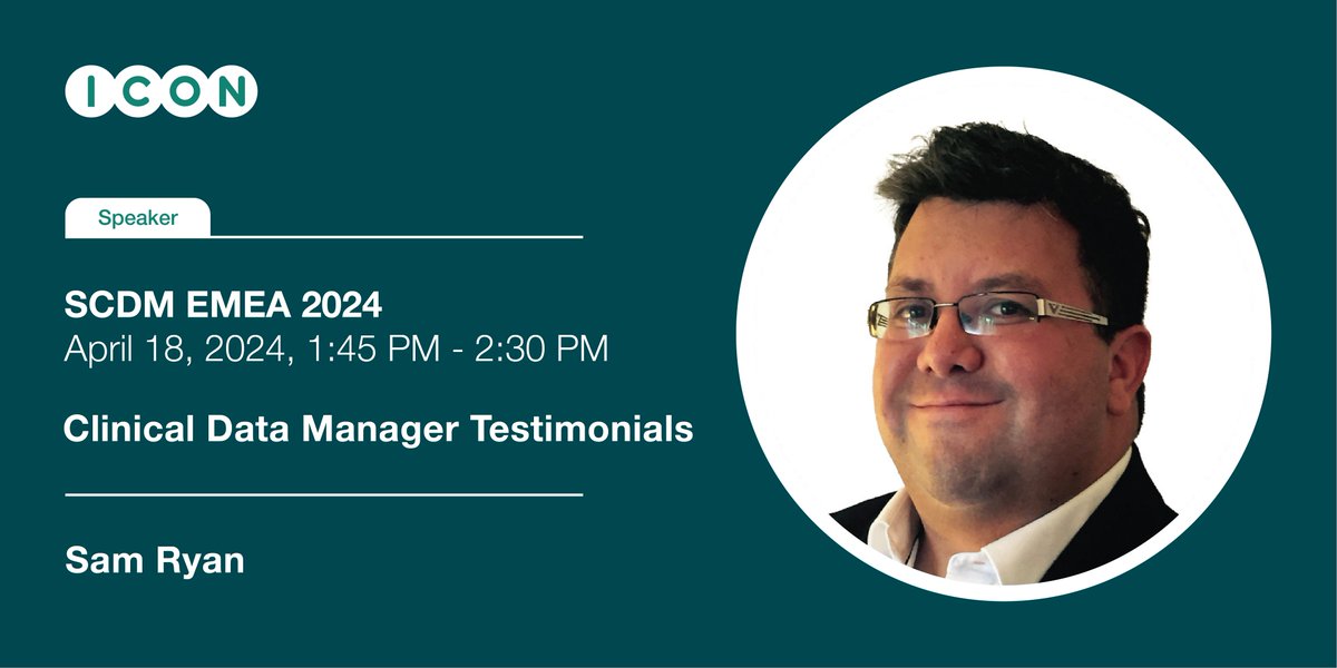 ICONplc's tweet photo. On April 18 at 1:45pm, Sam Ryan, Senior Director, Clinical Data Science will be presenting the session: “Clinical Data Manager Testimonials” at #SCDM EMEA 2024. 

Meet him to learn more: https://t.co/KE6Iz0Yjgk https://t.co/Rg0ocEs9UB