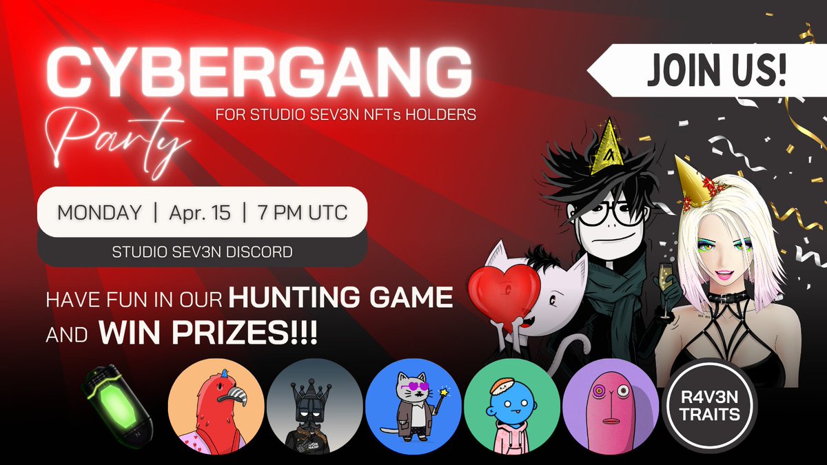 Cybergang party starts in less than 30 minutes! Hope to see all our holders there. Today's prizes include NFTs by: @gullyalgo @BKARTEL_XYZ @ShittyKitties_ @loopies_algo @algo_hands and of course some of our @Project_R4V3N traits. See you in Studio SEV3N discord! 🥳🎉 #algofam