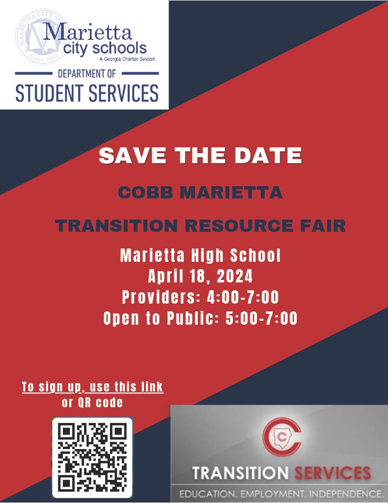 InCommunity2's tweet image. This Thursday, April 18th, there will be a Transition Resource Fair hosted at Marietta High School (1171 Whitlock Ave NW, Marietta, GA 30064), for residents in the Cobb County area. This free event is open to the public after school from 5:00PM-7:00PM (No registration required).