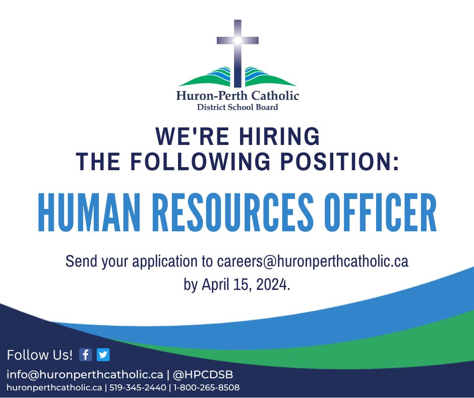 📢We're hiring a Human Resources Officer! Interested in the position or know someone who may be qualified? Apply by 4 p.m. today, April 15, 2024. Visit our #HPCDSB website to apply: huronperthcatholic.ca/our-board/care…. #NowHiring #JoinOurTeam #JobPosting