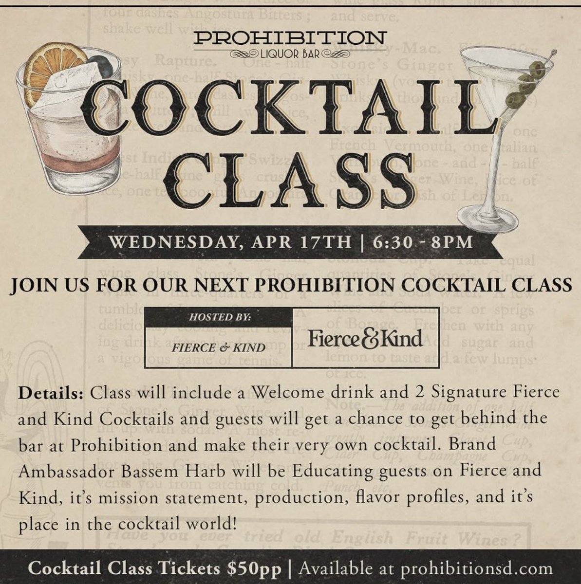 ✍️🍹The next #CocktailClass at @ProhibitionSD with award-winning @fierce.kind spirits brand is just a couple days out with less than a handful of tickets up for grabs!

Find them on their website + @eventbrite + linked in their bio. 

#prohibitionsd #gaslampquarter