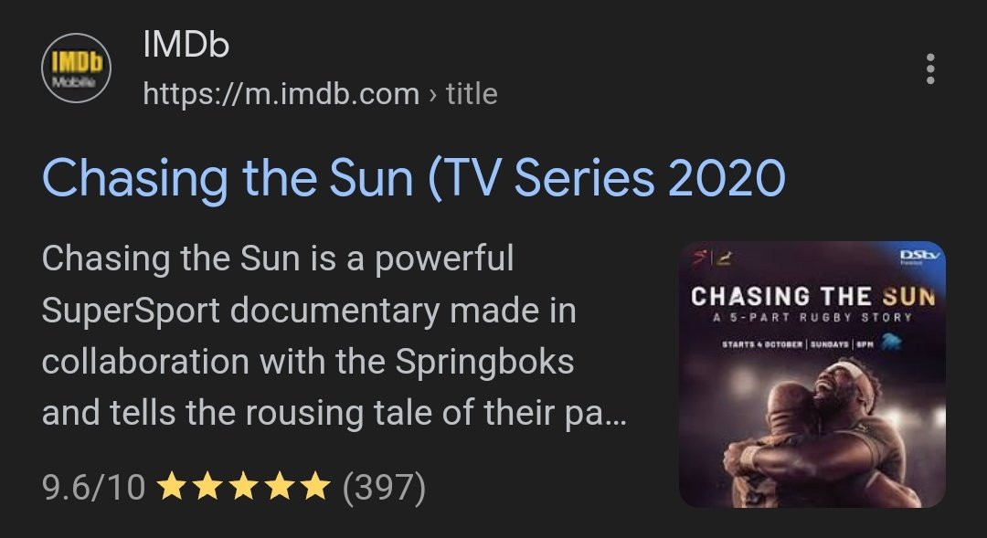 CHASING THE SUN Part 1 has a rating of 9.6/10, highest I've ever seen. Part 2 will probably be higher. A world-class production again with different levels of backstories and insight. Give @GarethWhittaker & the rest of the team an Oscar, an Emmy, everything! #ChasingTheSun2