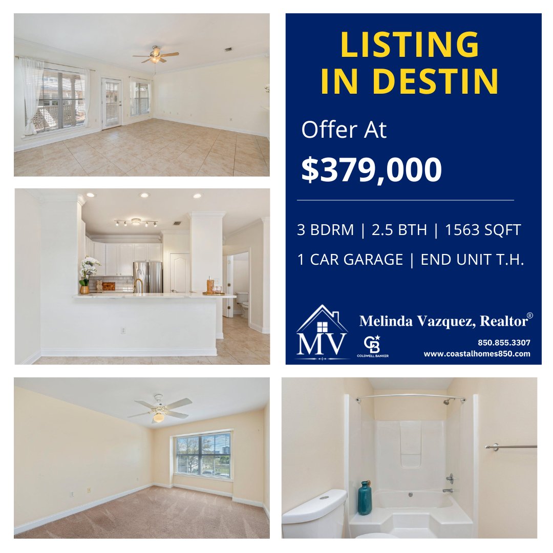 Call me today to book a walk-through of this 3-bedroom townhome, with its updated kitchen, elegant tile flooring, and private outdoor patio, which offers an unmatched living experience in the heart of Destin. Don't miss the chance to explore the space! 🌴🏠 #CoastalHomes850