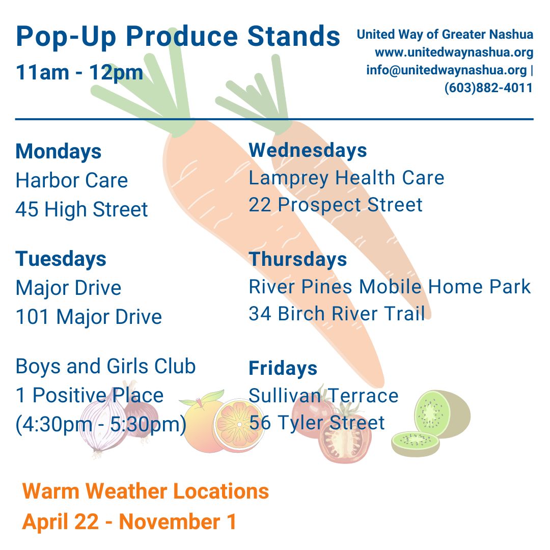 We're excited to share the warm weather locations for our Pop-Up Produce Stands! 🍐🍓🥦🥬🥕🌽🥔🍠 

Please view the flyer for days and locations. This schedule runs from April 22nd until November 1st.

#LiveUnited #UnitedWayofGreaterNashua #FreeProduce