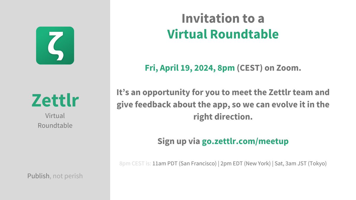 +++ REMINDER +++

On Friday, we will be holding a second roundtable, and we still have a few places for interested people! If you haven't already signed up, follow go.zettlr.com/meetup ! We're looking forward to seeing you!