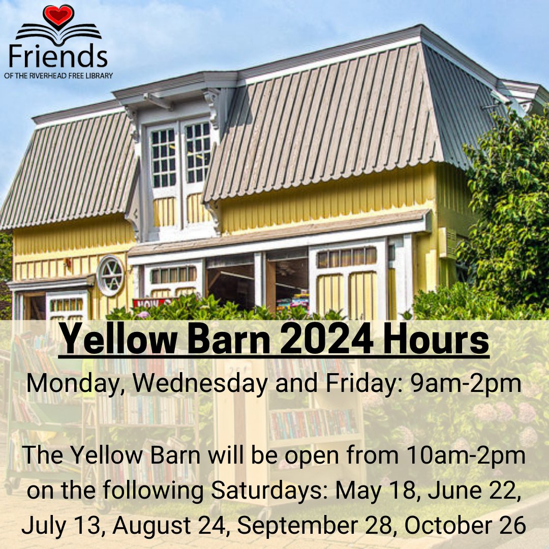 RivFreeLibrary's tweet photo. We are pleased to inform you that the Yellow Barn will be opening for the season this Wednesday, April 17 at 9am!
#yellowbarn #booksale #usedbooks #libraries https://t.co/f4mouRYnLh